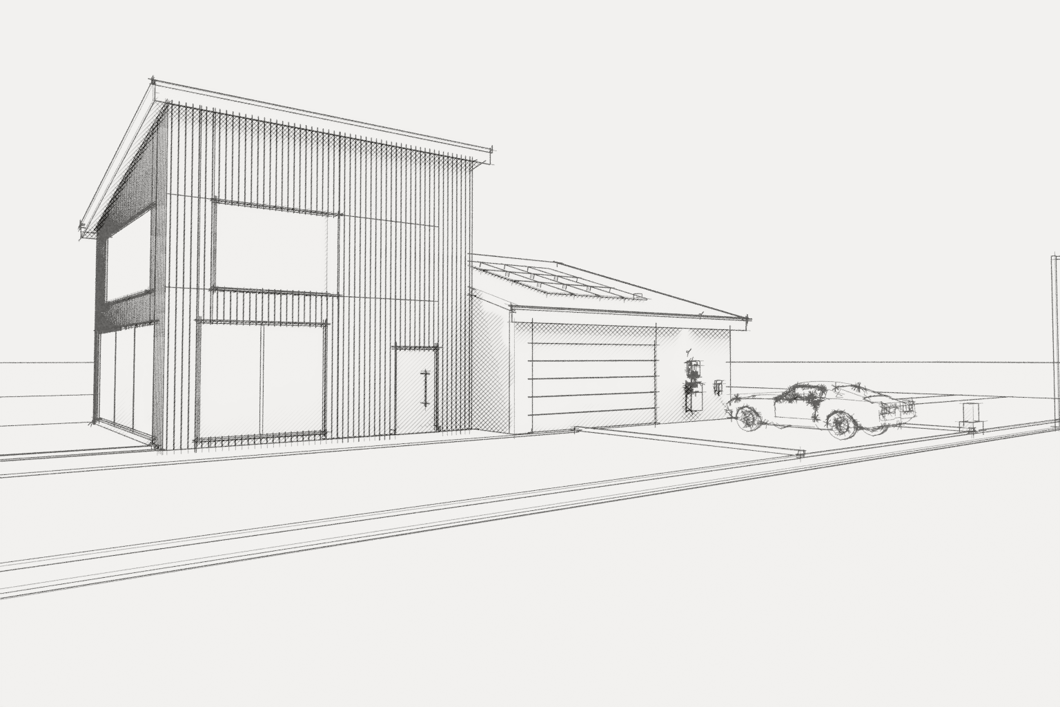 Line drawing of the house, made from the 3D model’s own edges