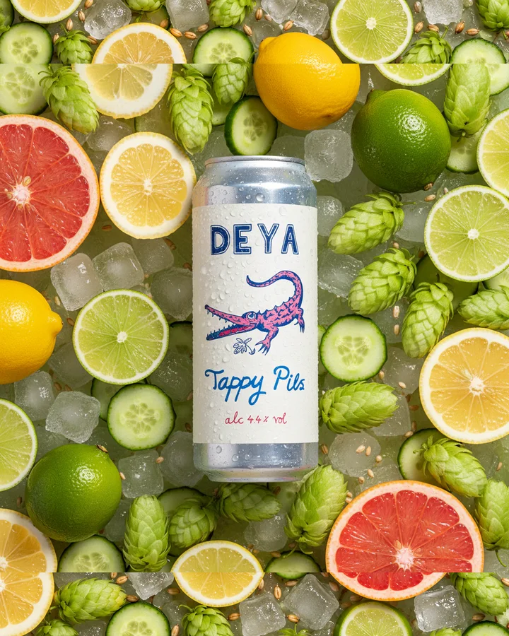 Carousel slide: the can on a bed of limes, grapefruit, cucumber and hops