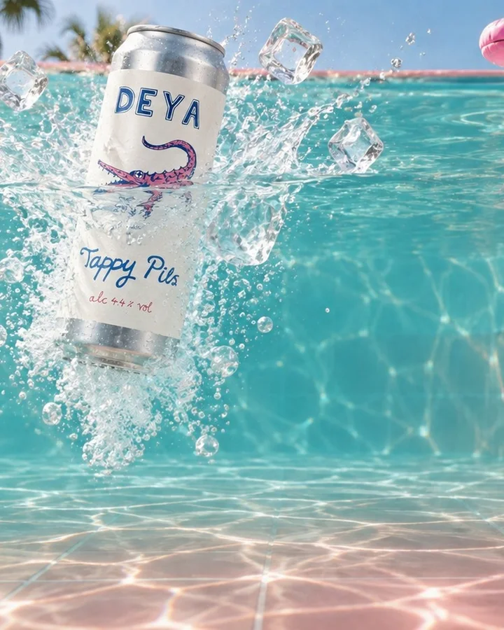 Tappy Pils can bursting through the pool surface in a splash