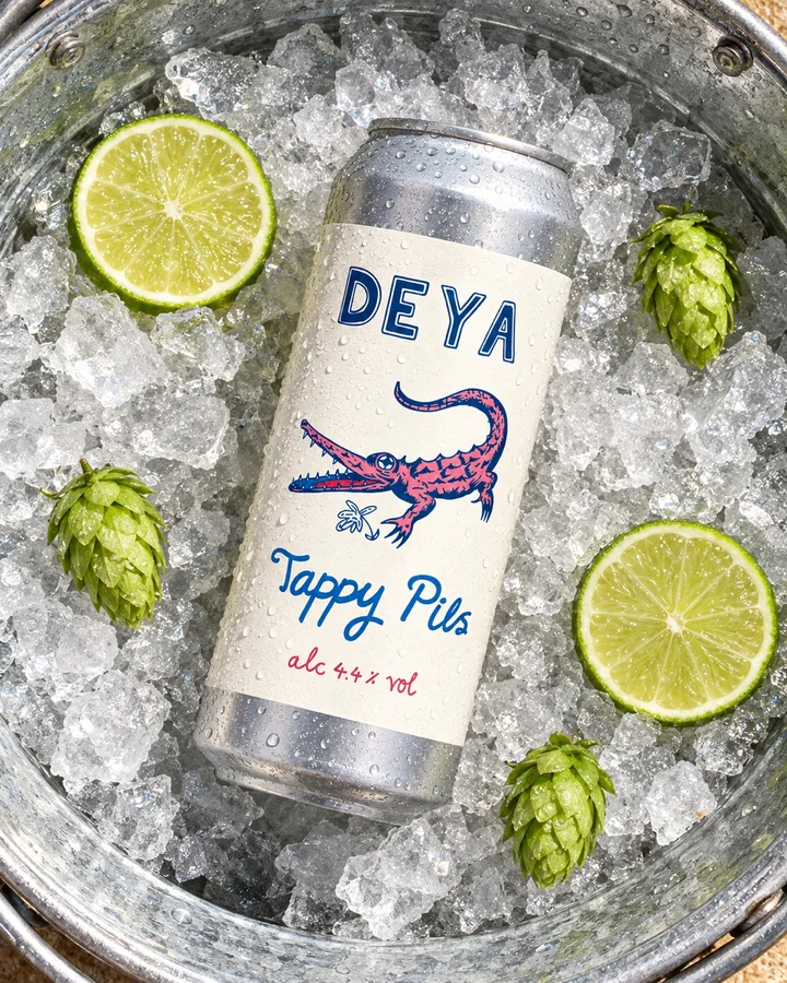 Campaign plate: the can in a bucket of crushed ice with limes and hops