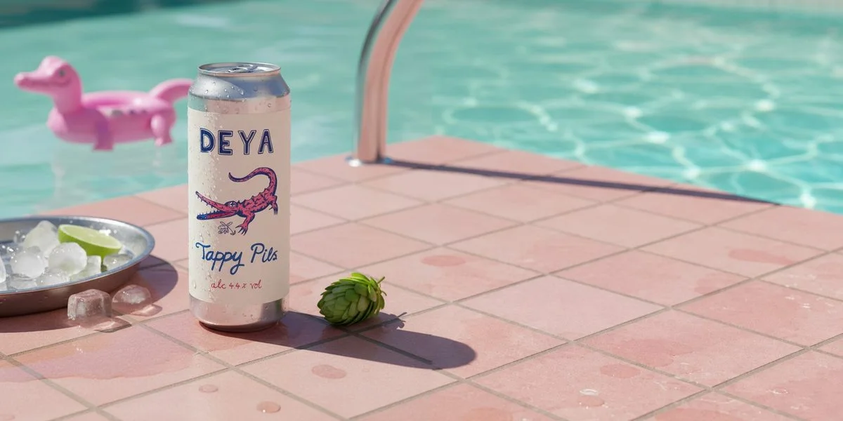 Email hero: the can on pink poolside tiles with a pink float behind