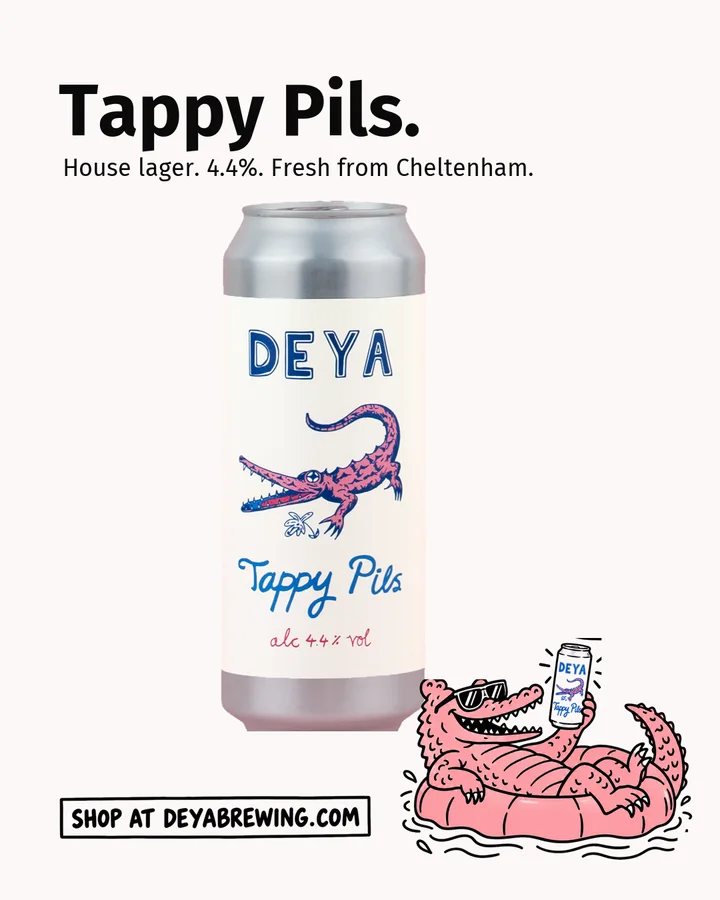 Closing frame: Tappy Pils on white with the drawn crocodile on a pool ring