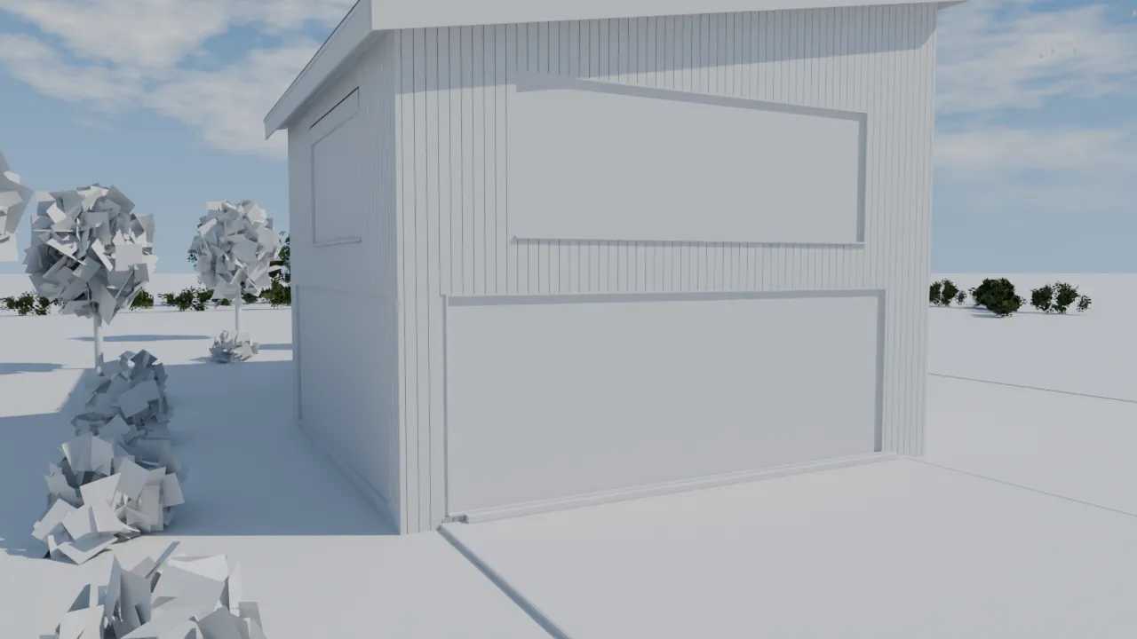 Grey 3D model of the house moving through a fixed camera path