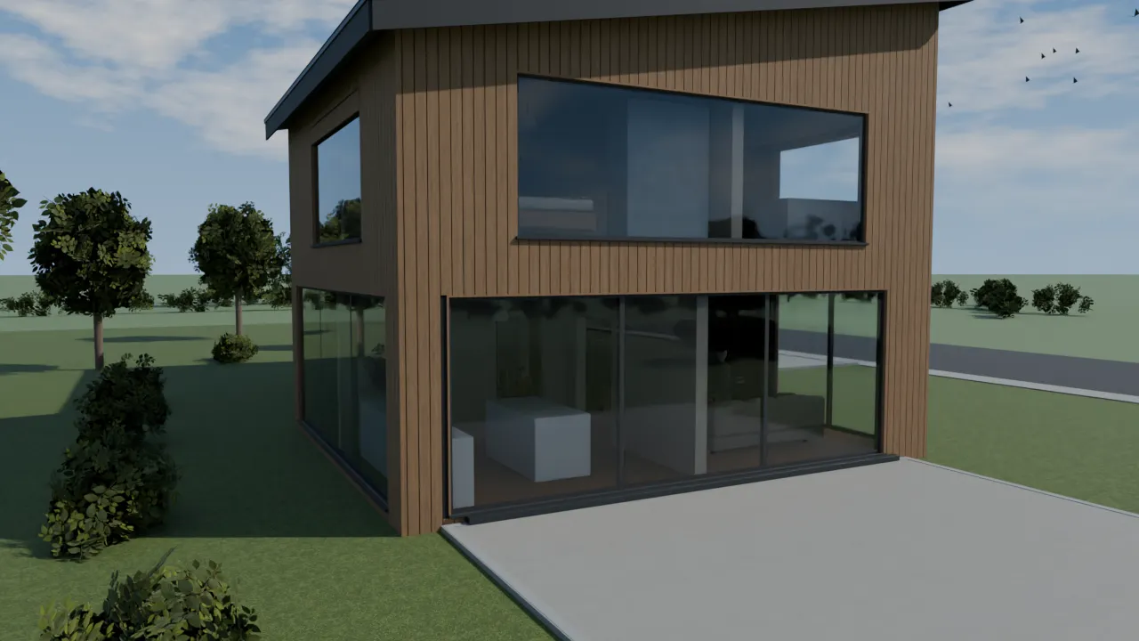 The same house and camera path with materials applied