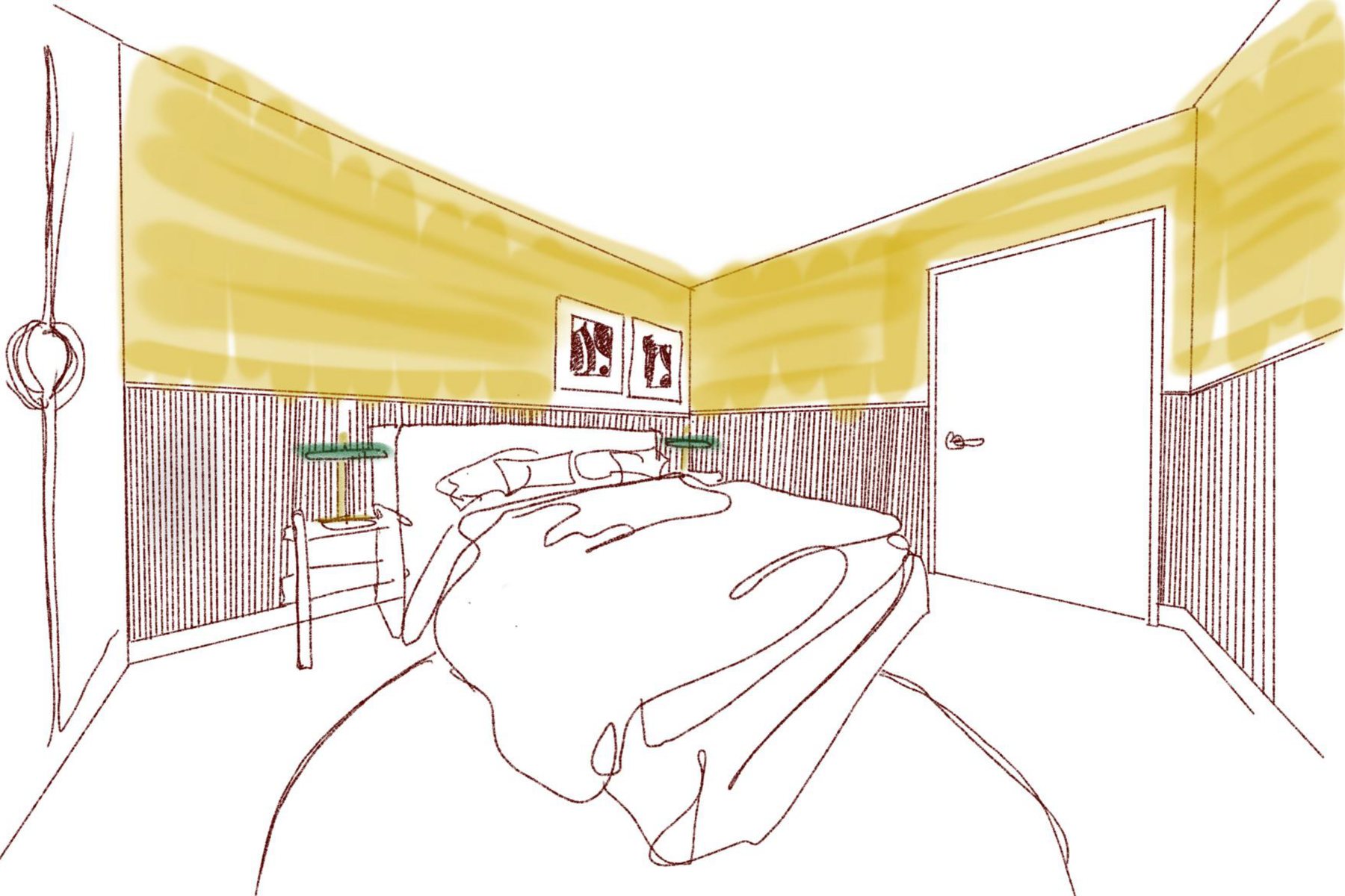 Matt's pen sketch of the guest bedroom: colour across the upper wall, ribbed panelling below, two pictures above the bed