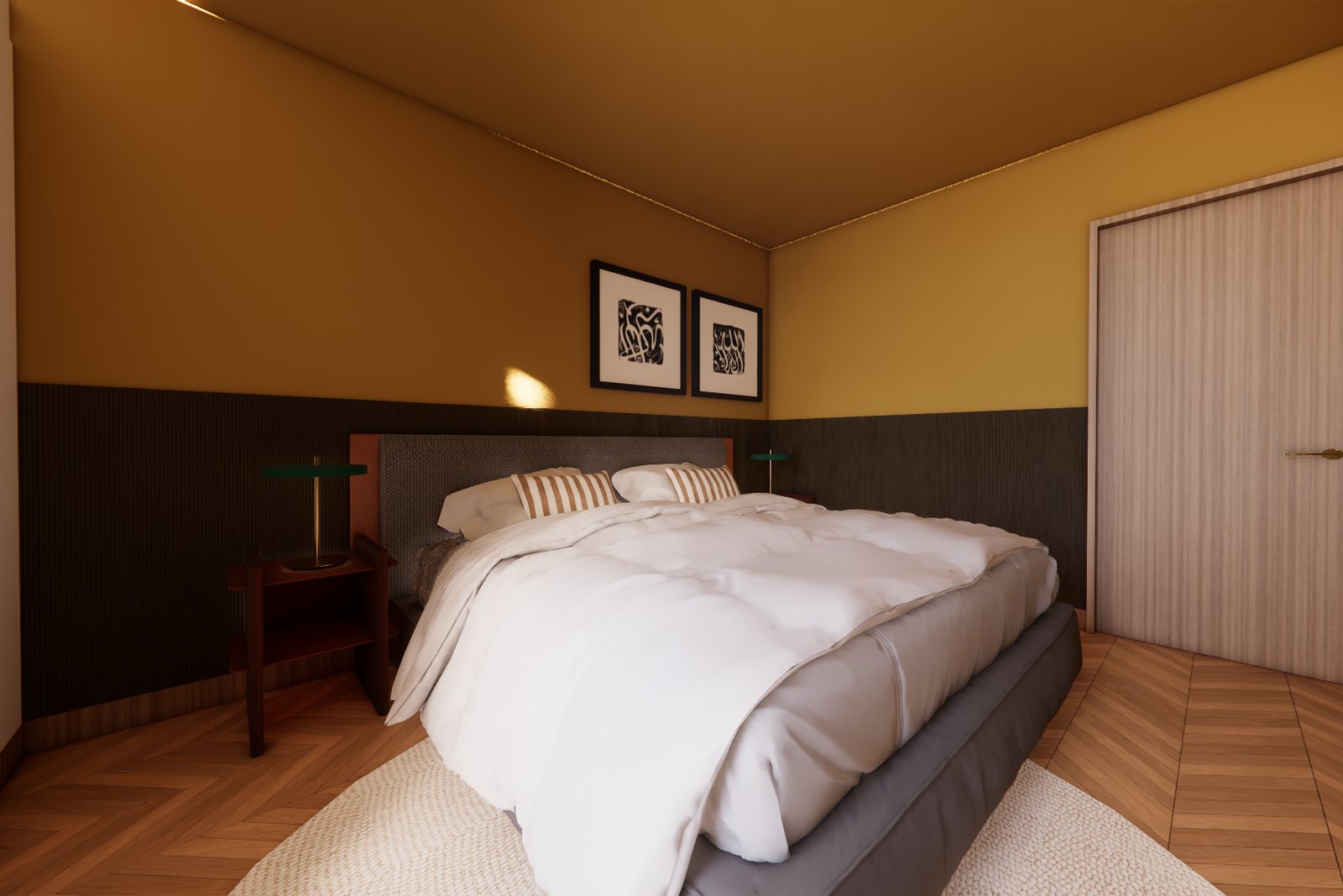 The same room visualised: ochre above dark panelling, the same two pictures and green lamps