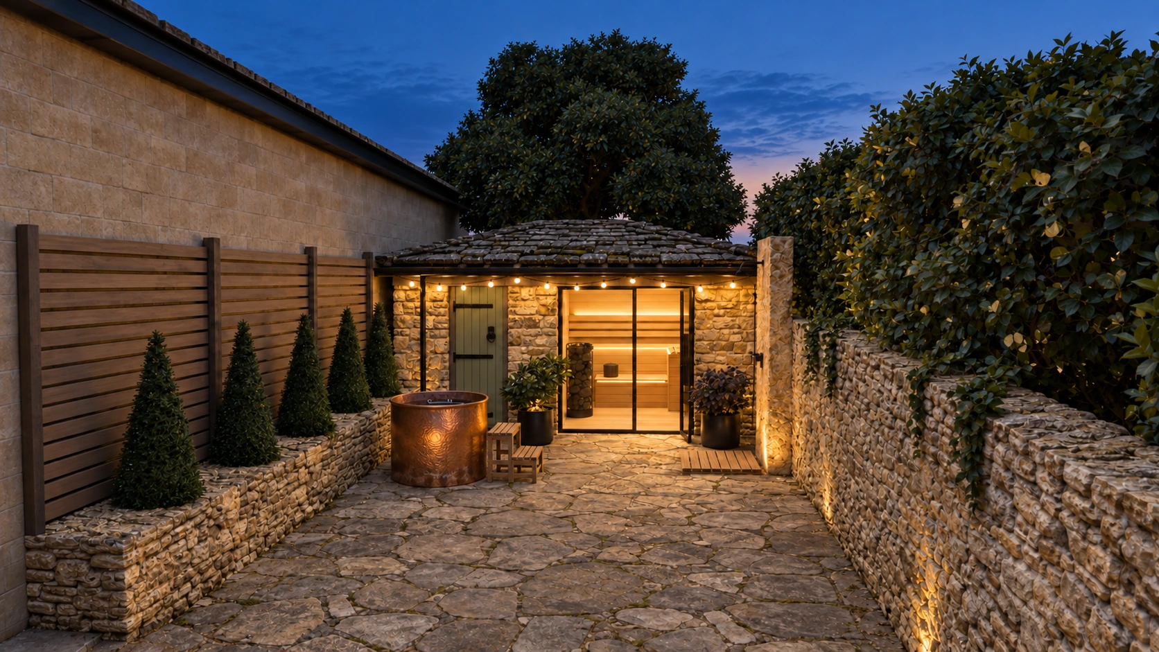 The yard at dusk from its far end: flagstones, clipped box and a drystone wall leading to the lit sauna and a copper tub.