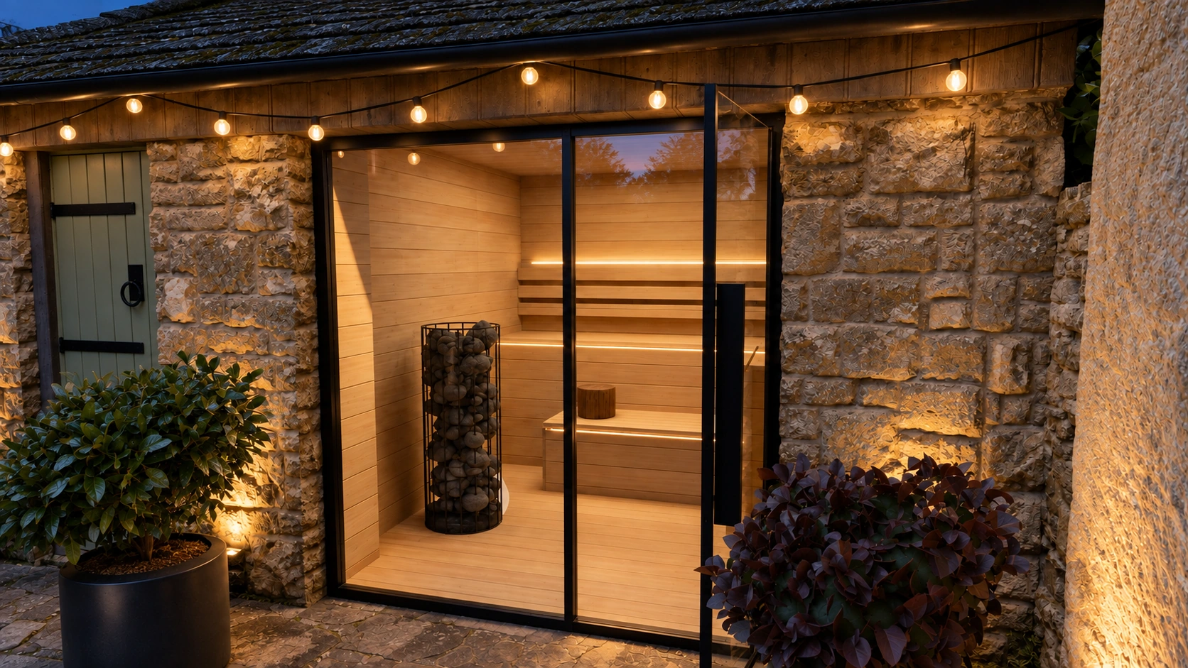 The front of the outbuilding up close: the green oak door, then the sauna behind a black-framed glass front.