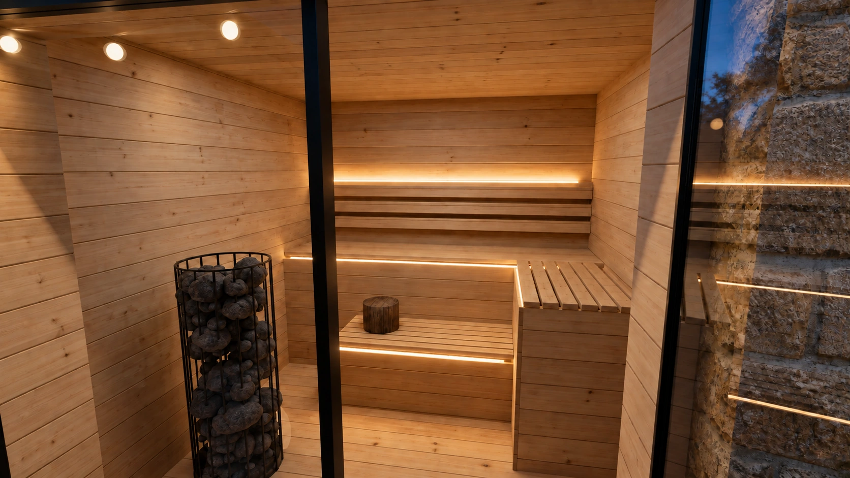 Through the glass door into the sauna: the stone heater and two tiers of pale timber benches with light strips.