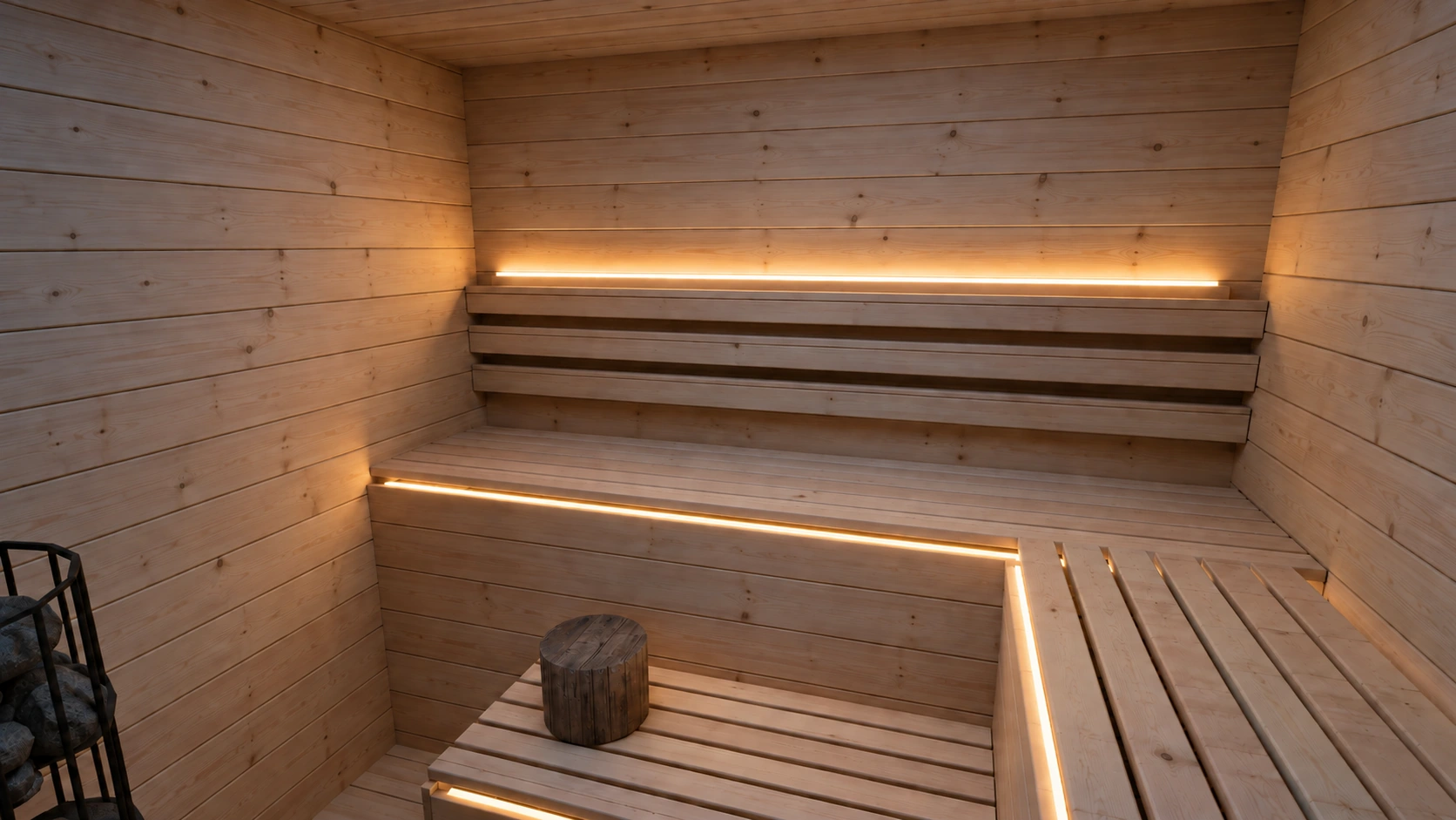 Inside the sauna: pale timber walls and an L-shaped pair of benches lit from beneath.