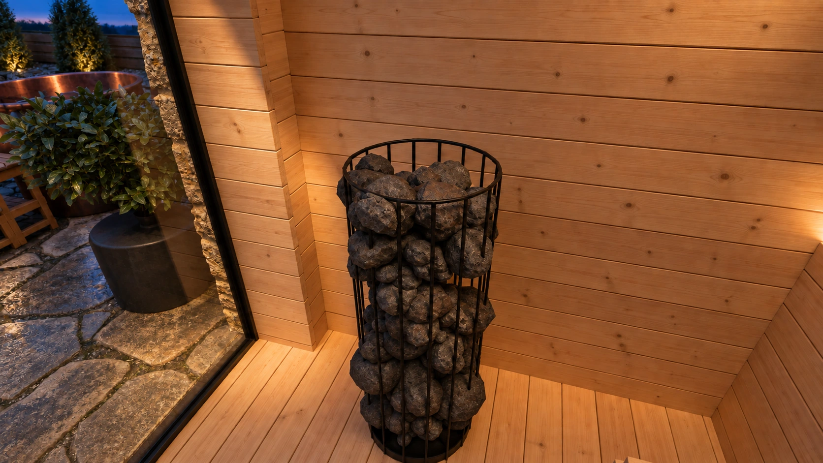 The tower heater filled with stones in the corner of the sauna, the yard visible through the glass beside it.