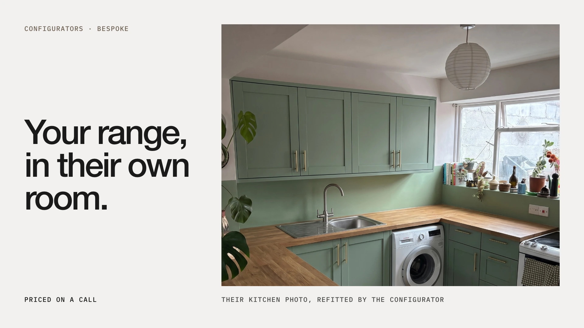 Your range, in their own room. A kitchen photo refitted with green shaker doors and an oak worktop by the configurator.