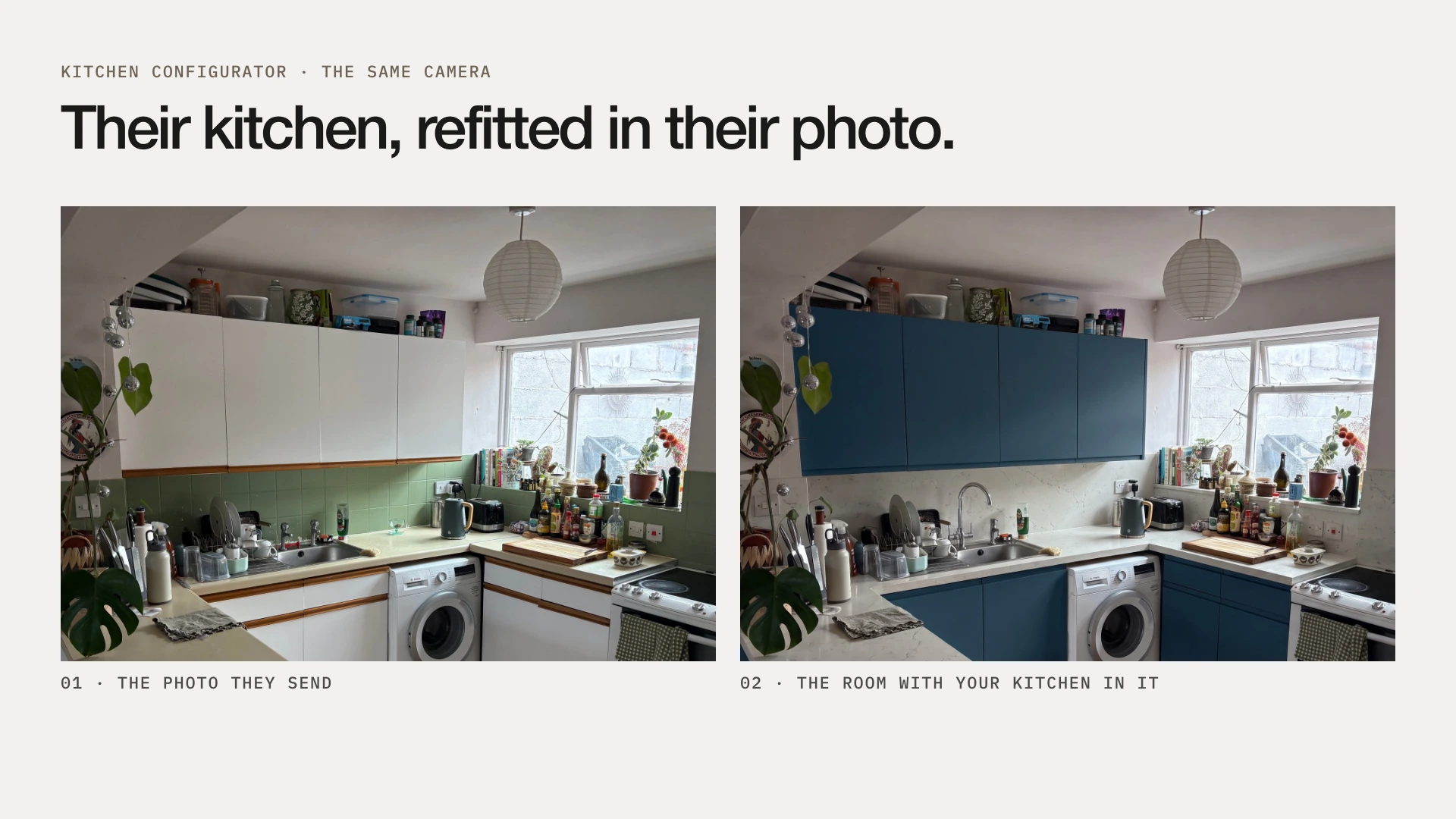 Kitchen configurator, same camera: the photo they send, then the same room with a new blue kitchen in it.