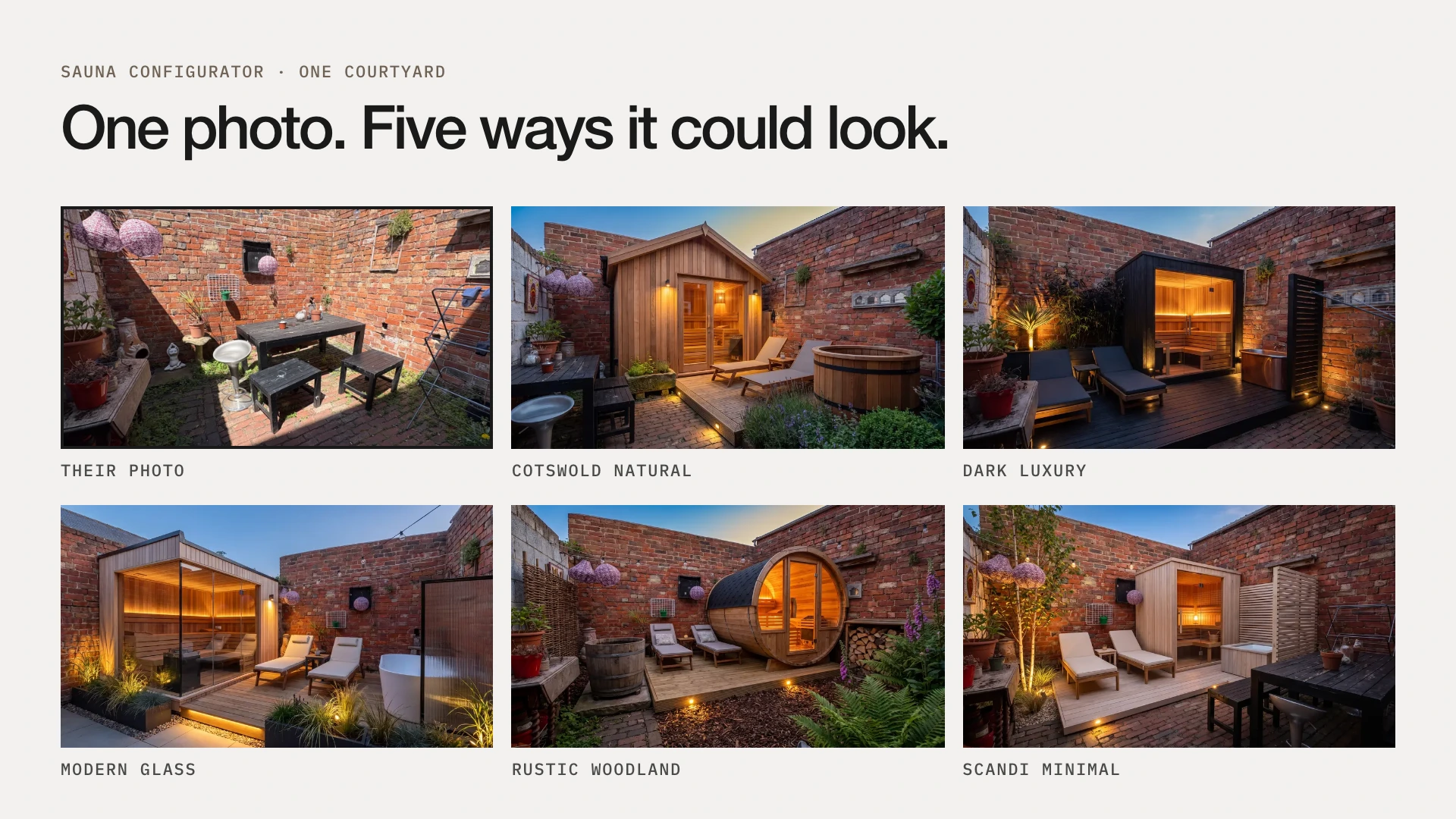 One photo, five ways it could look: the courtyard photo and five sauna styles designed into it.