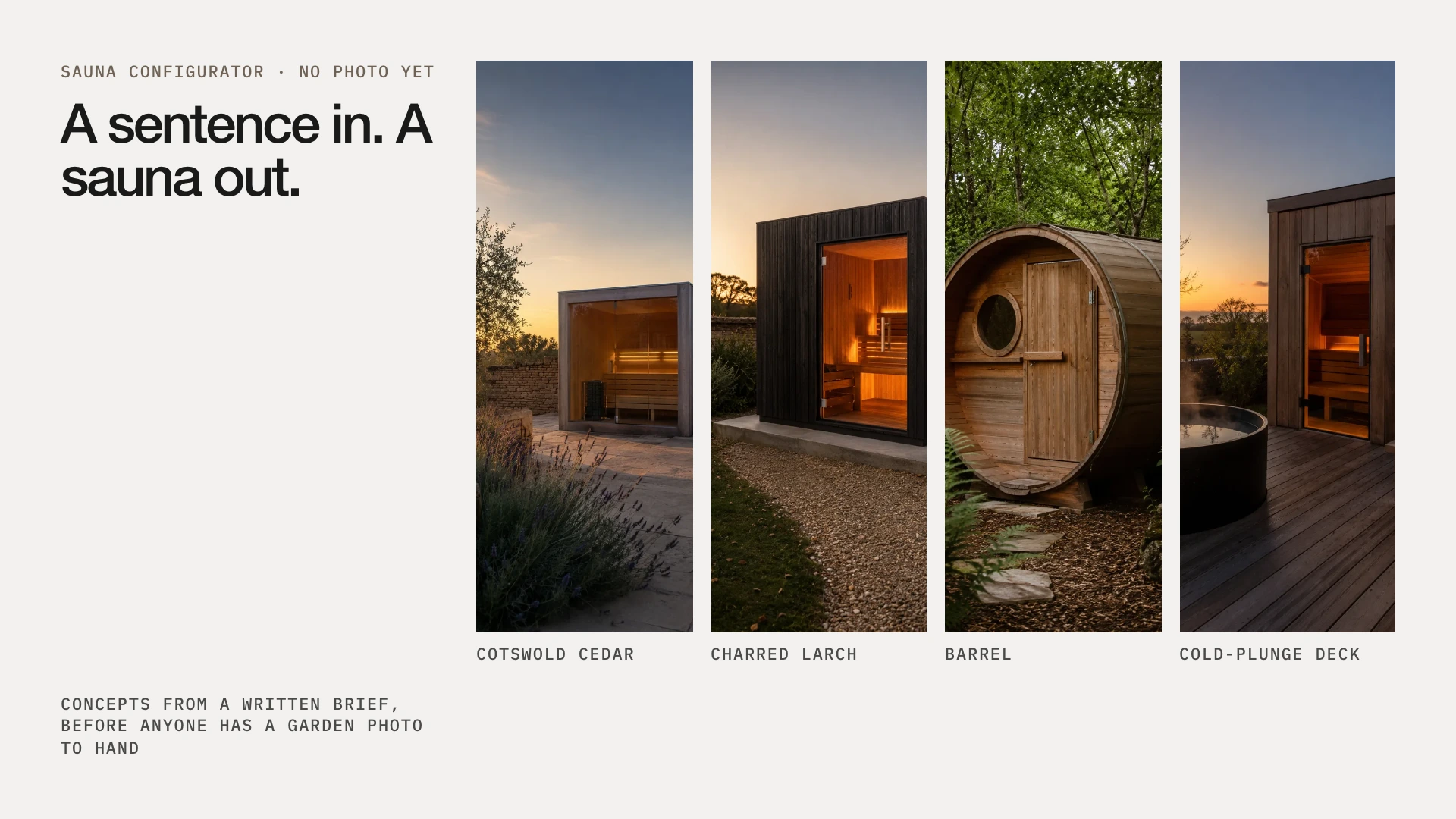A sentence in, a sauna out: four sauna concepts made from a written brief.