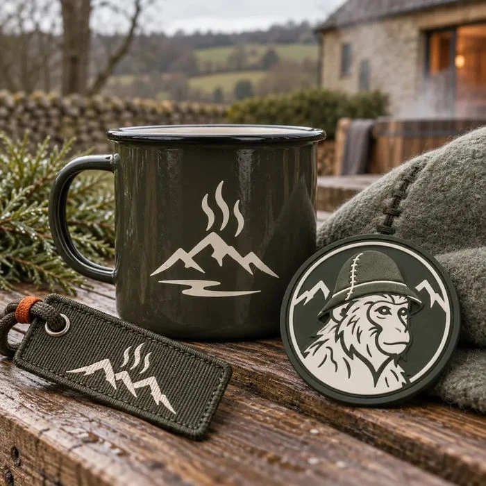 Enamel mug, rubber patch and key tag