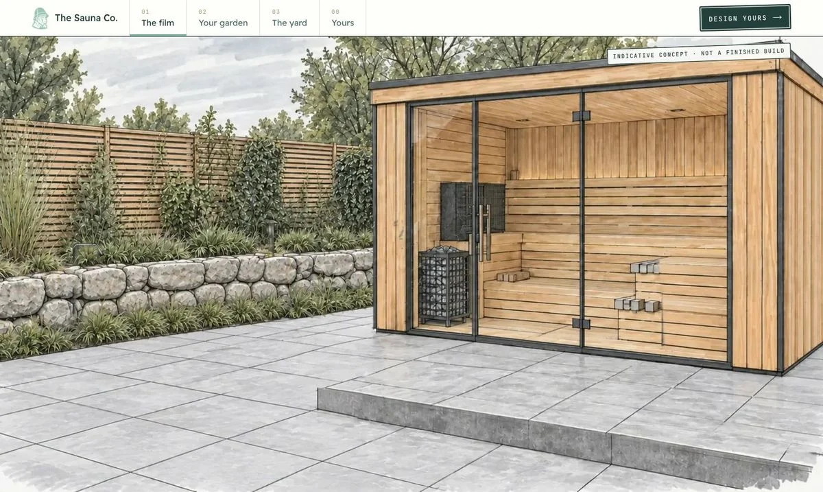 The finished sauna in colour, stamped as a concept