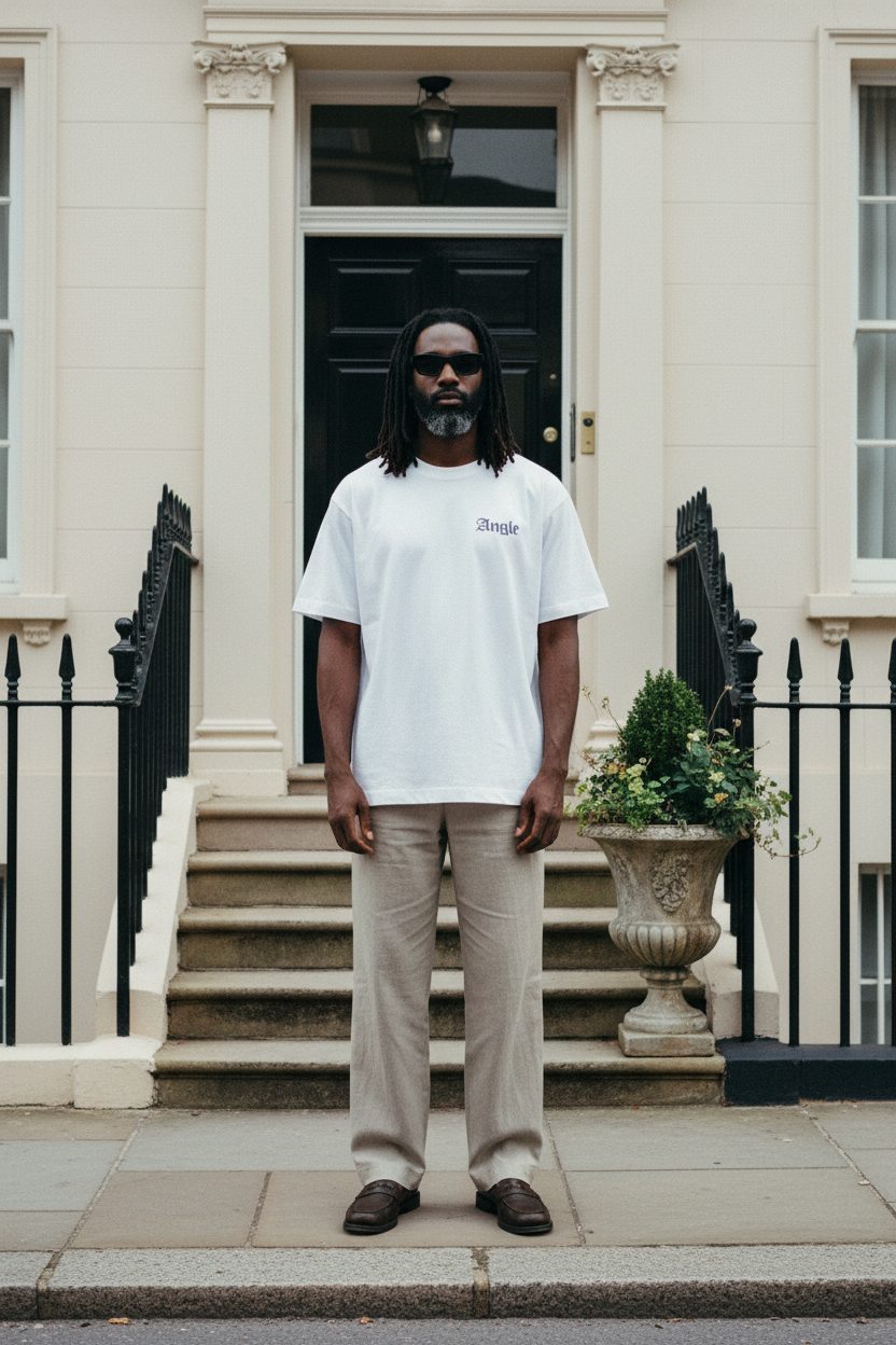 Model in Angle streetwear on a Cheltenham Regency street