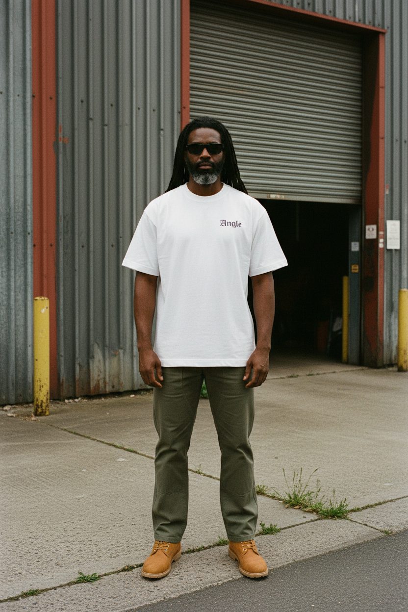 Model in Angle streetwear against an industrial unit