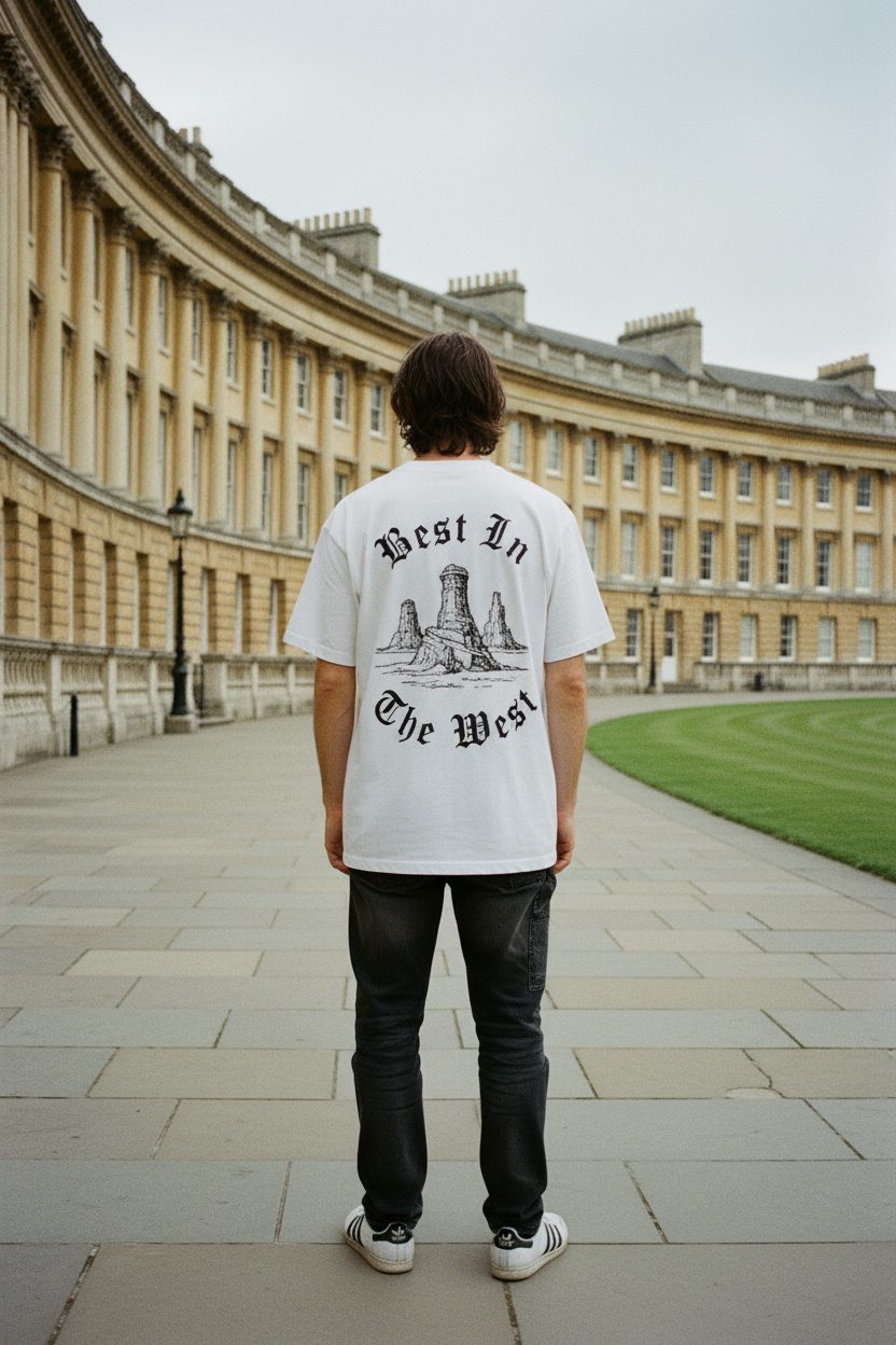 Model facing away showing the back print, Royal Crescent, Bath behind