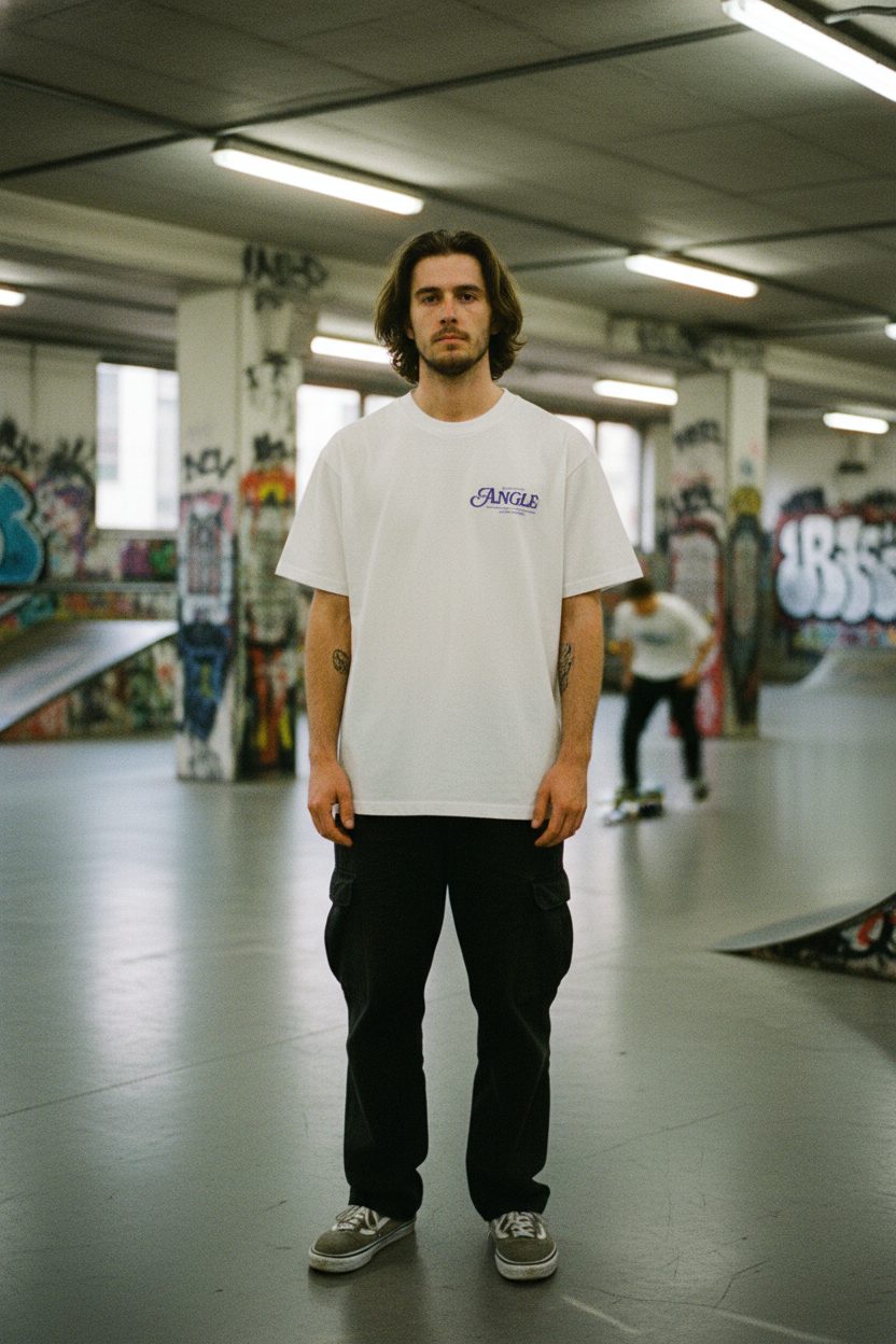 Model in Angle streetwear at a skate undercroft
