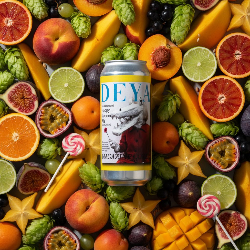 Editorial flatlay: DEYA can amongst cut tropical fruit