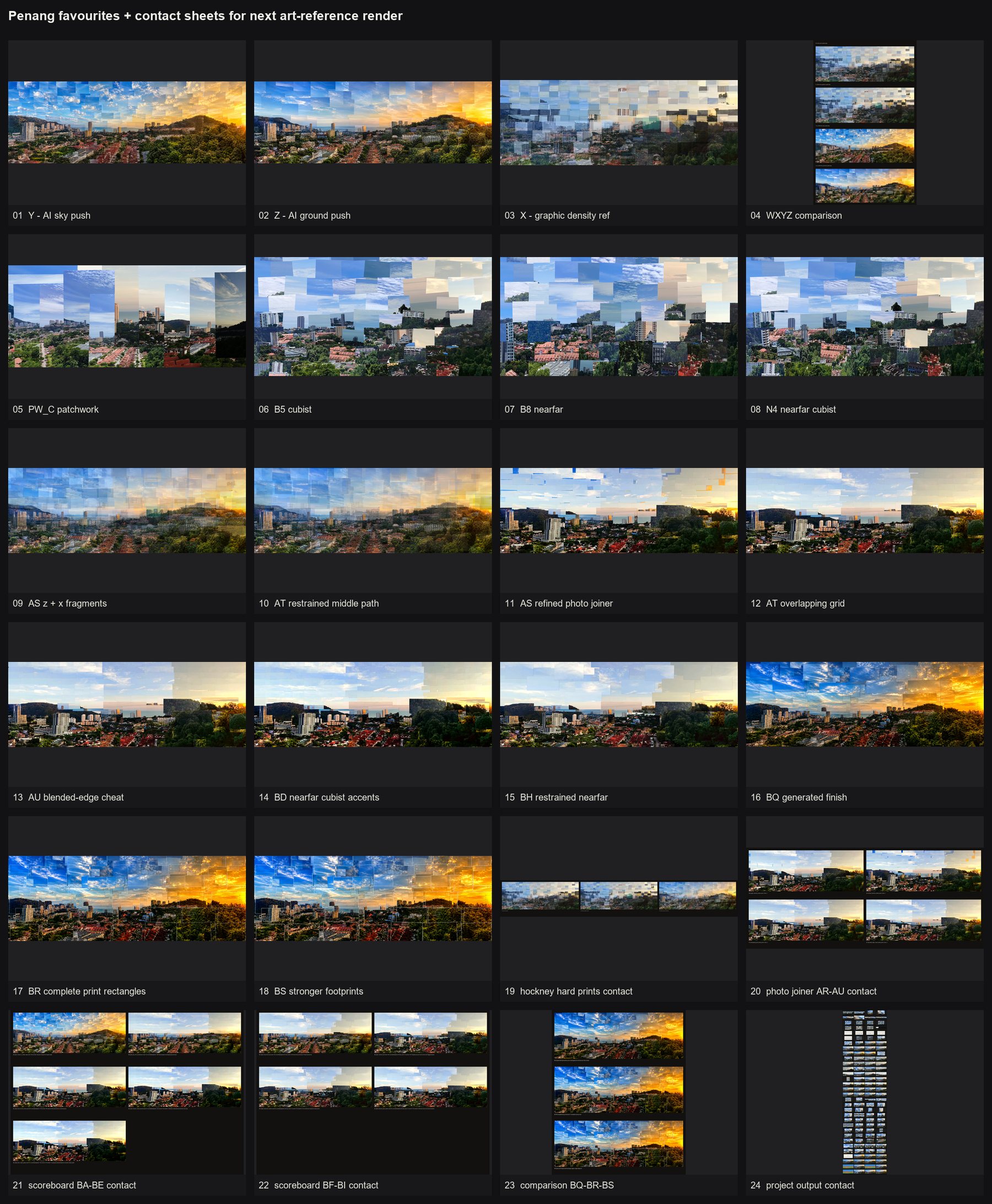 A review sheet combining selected favourite renders with contact-sheet comparisons and scoring notes.