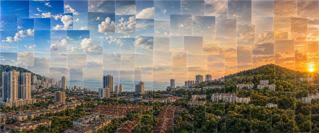 Master O1: a controlled square-day mosaic that keeps the panorama readable.