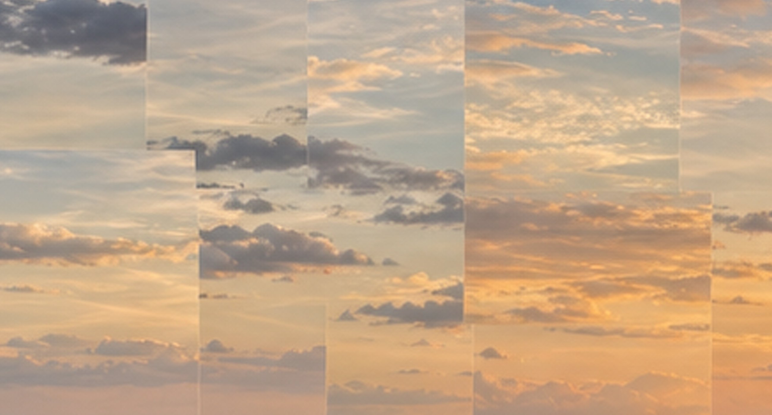 A one-to-one detail from the final master showing the sky built from separate rectangular photographic prints, each with its own cloud formation, exposure and colour temperature, joined by soft internal edges.