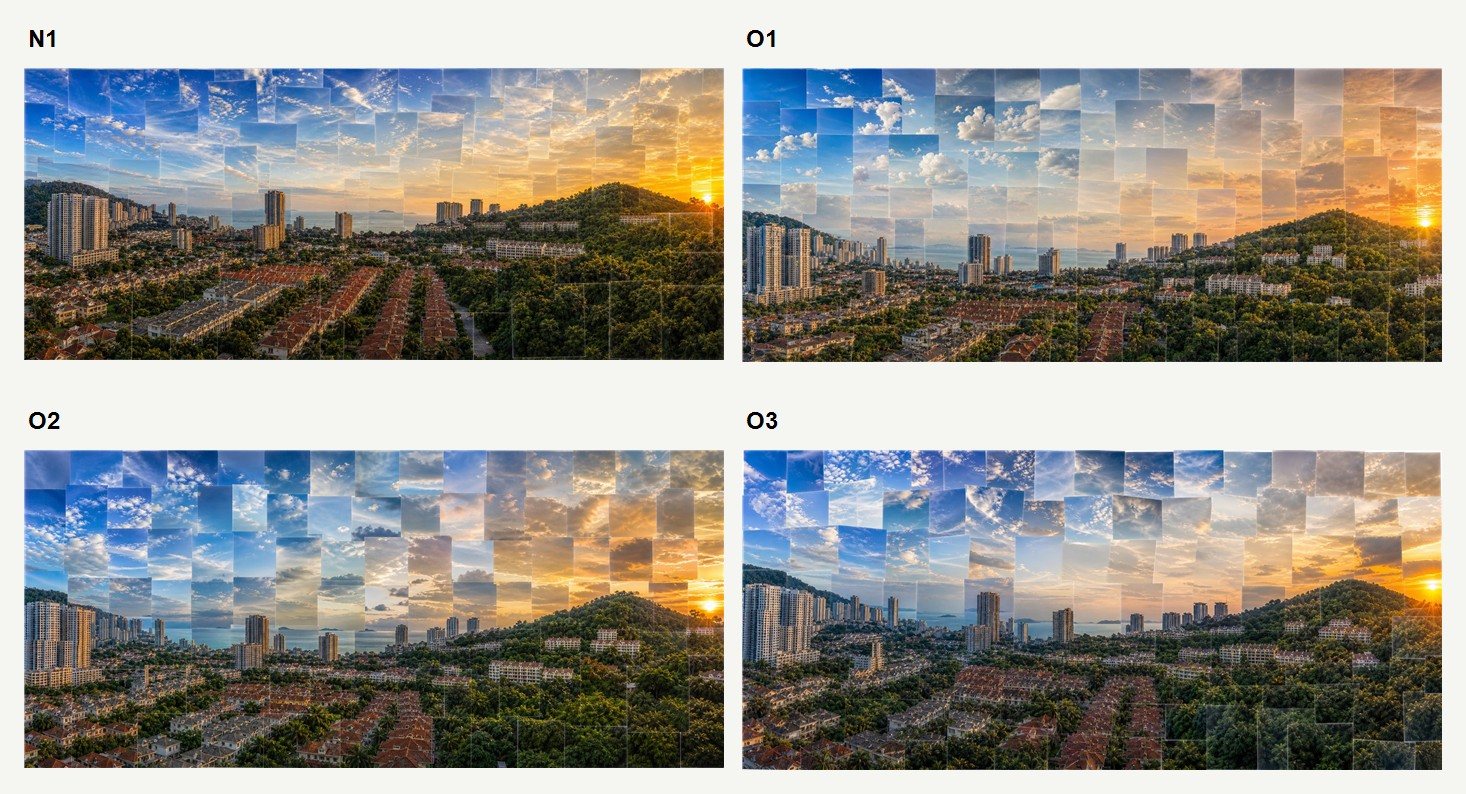 Phase O contact sheet comparing four square-day mosaic variants side by side.