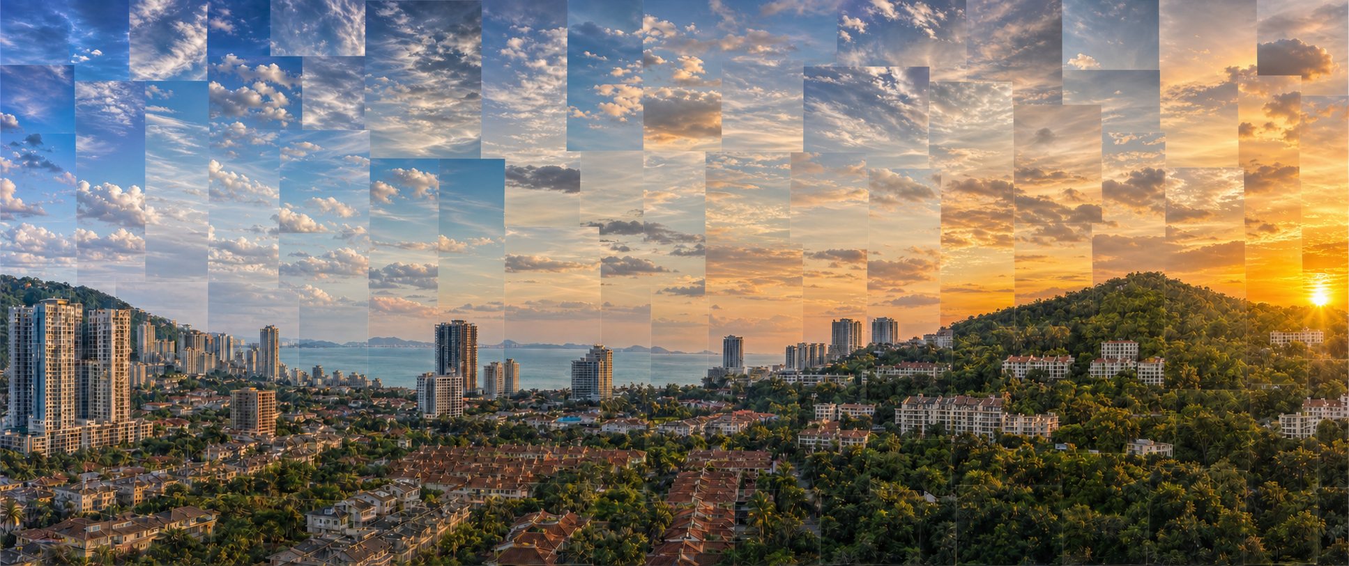 The selected R8 composition: the panorama with a dense, active field of separate sky prints above stable land.