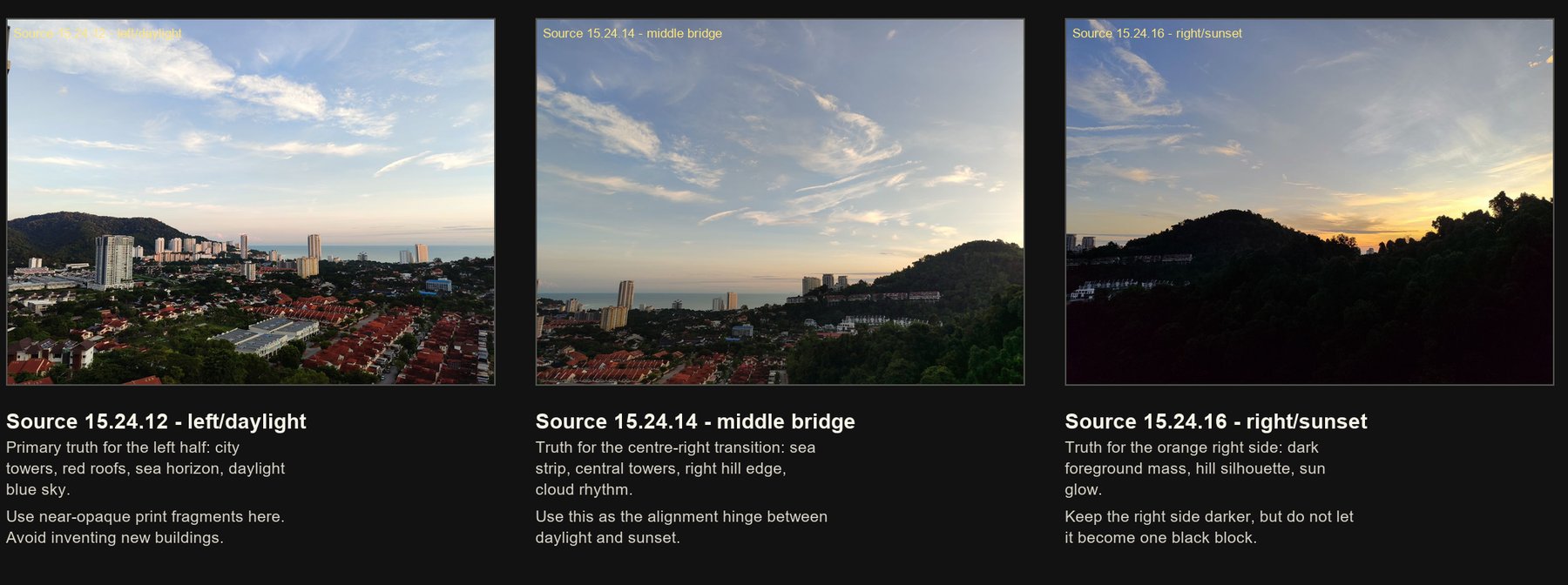 The three individual source photographs with their working notes: left daylight, middle bridge, right sunset.