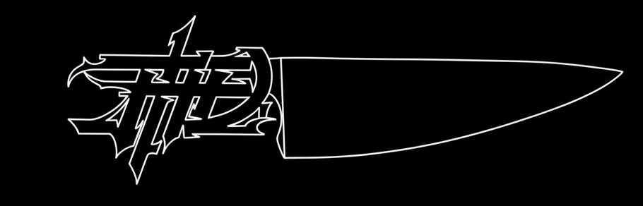 White pen-and-ink stencil of a chef's knife, traced from Cam's tattoo