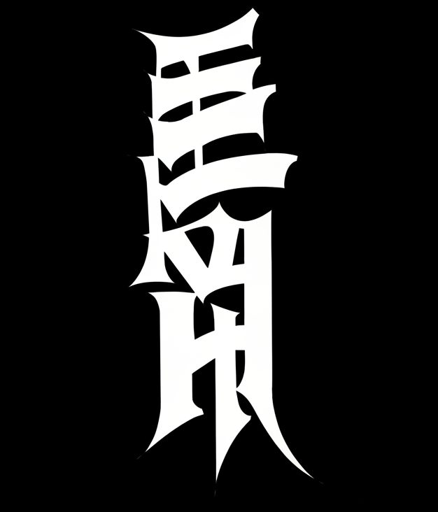 White pen-and-ink stencil of a vertical column of script lettering, traced from Cam's tattoo