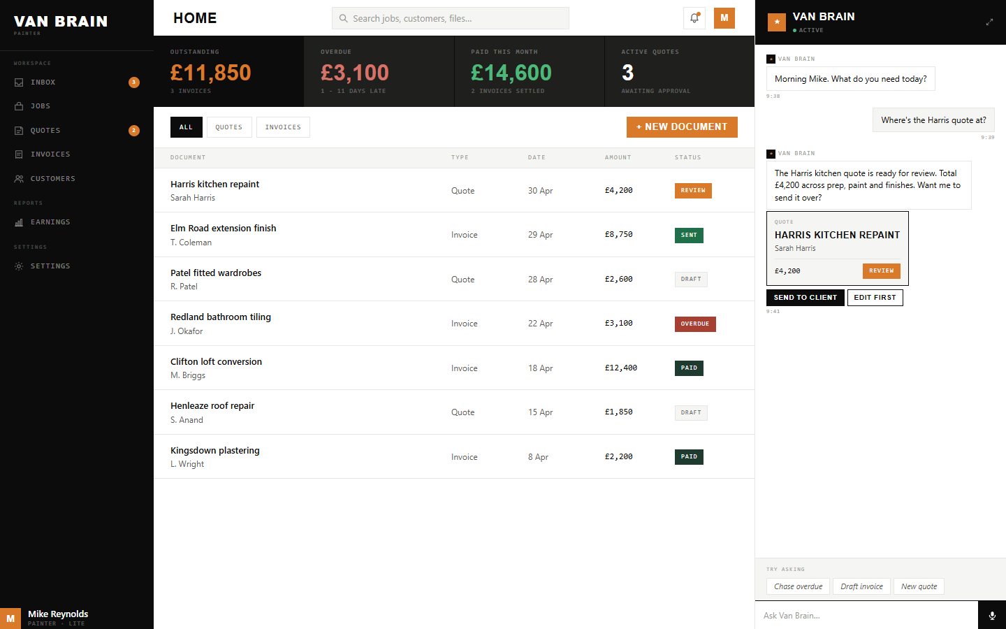 Van Brain web app dashboard: dark sidebar, revenue figures across the top, a job list, and a chat panel on the right