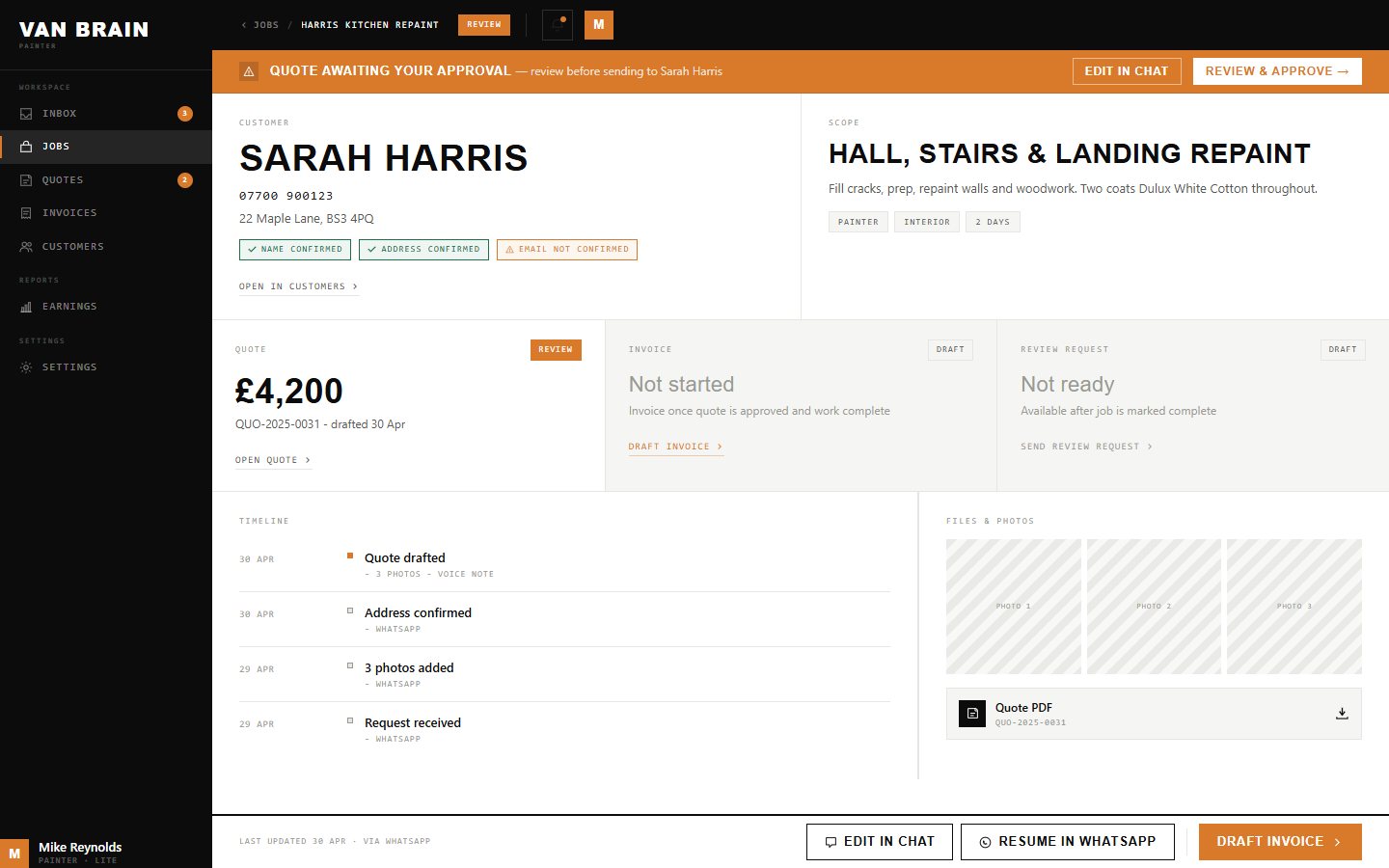 Job detail view showing a customer, the job value, a progress checklist and quote actions