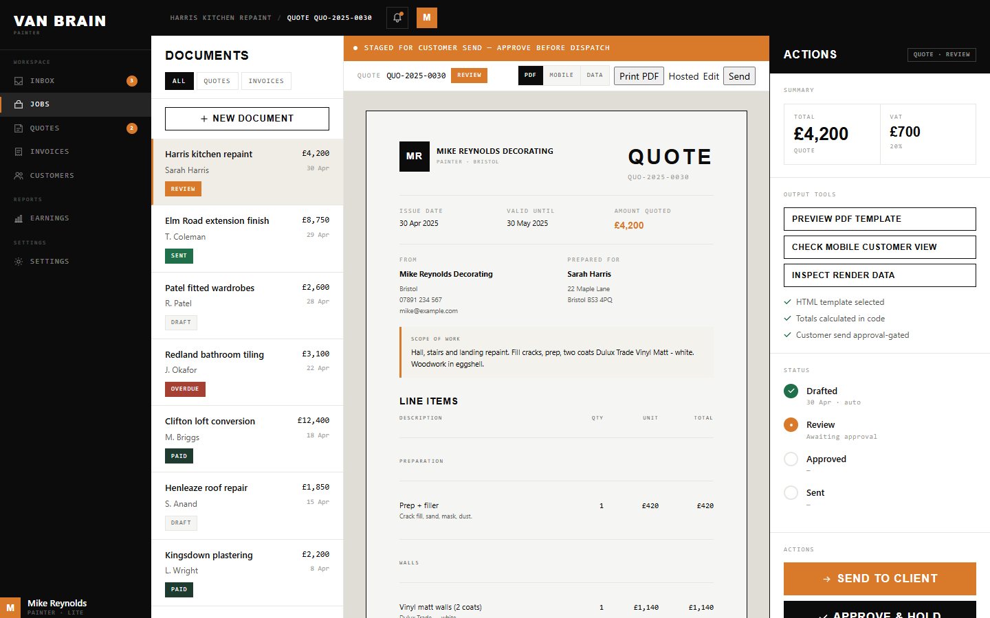 Quote document preview inside the app, with line items, totals and send actions in a right-hand panel