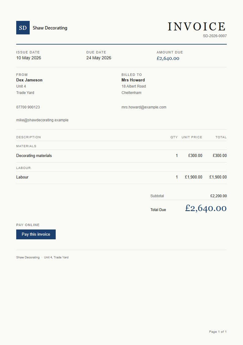 A Van Brain invoice artefact: serif INVOICE wordmark, the same itemised materials and labour lines as the quote, a Pay this invoice button and the amount due