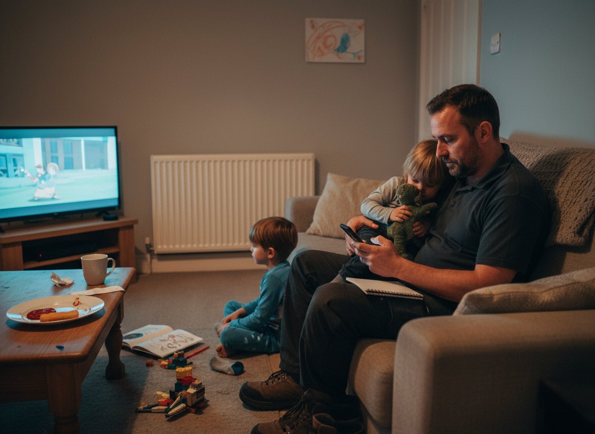 Evening living room: a father on the sofa with a sleeping toddler against his chest, looking at his phone with a notebook on his knee and work boots still on