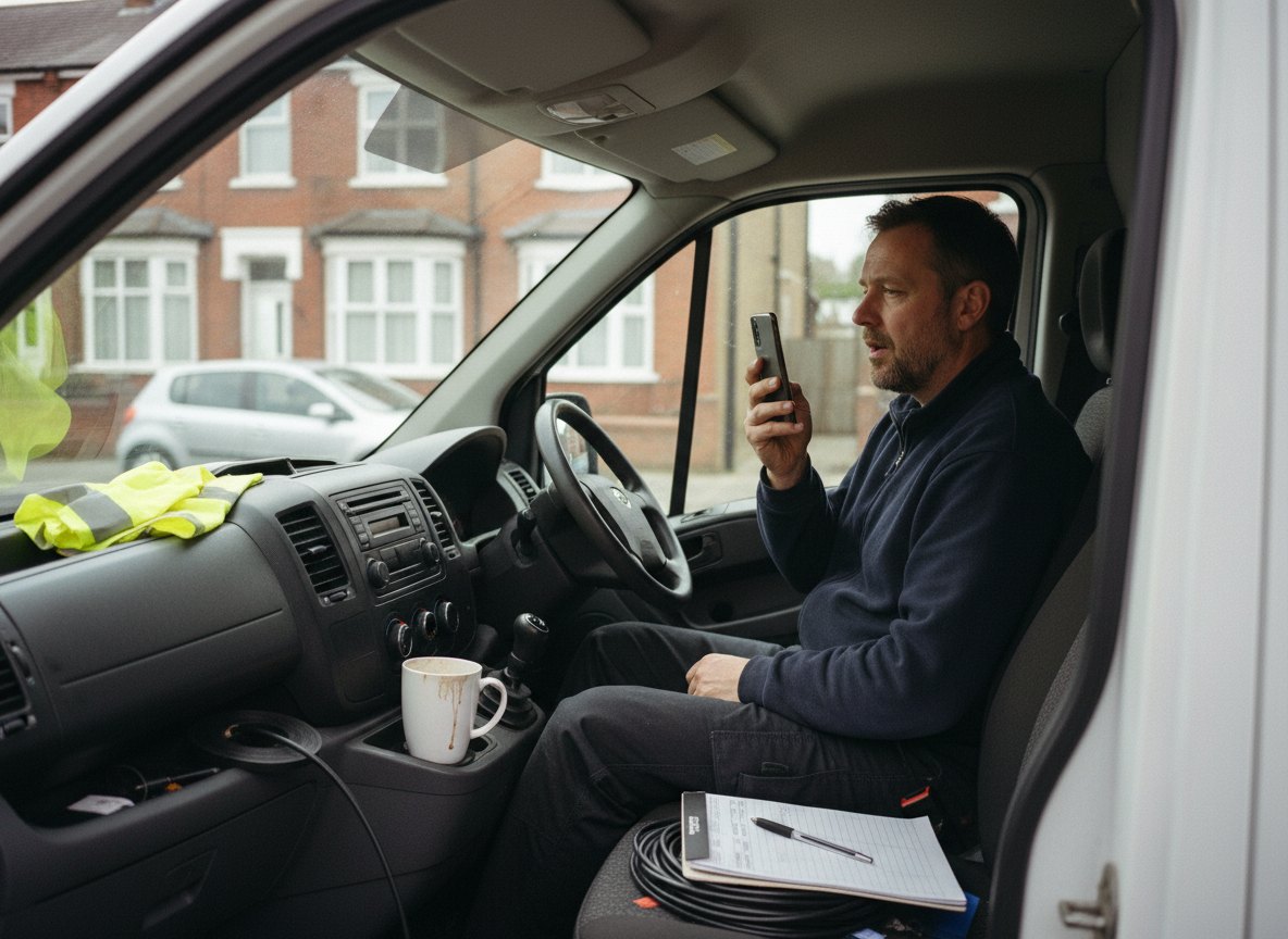 A tradesperson sitting in the driver seat of a van, recording a voice note on his phone, hi-vis on the dash and a clipboard on the passenger seat